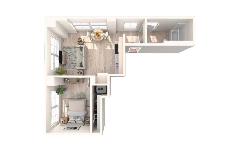 1x1 E - 1 bedroom floorplan layout with 1 bath and 604 square feet.
