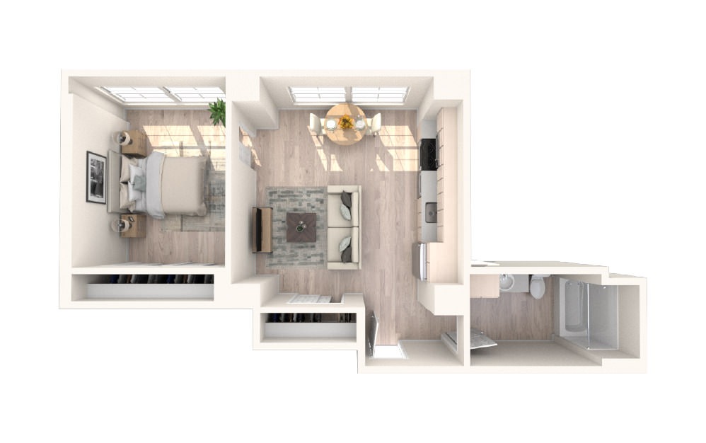 1x1 F - 1 bedroom floorplan layout with 1 bath and 606 square feet.