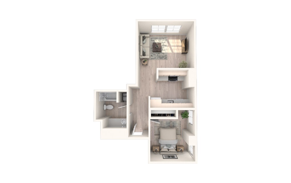 1x1 H - 1 bedroom floorplan layout with 1 bath and 630 square feet.