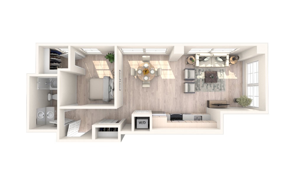 1x1 J - 1 bedroom floorplan layout with 1 bath and 689 square feet.
