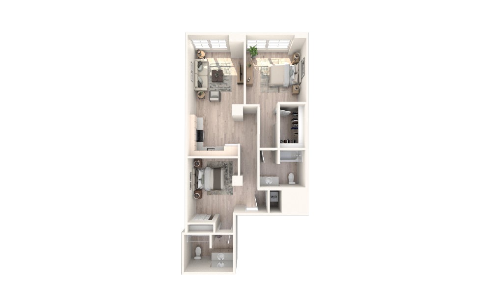 2x2 B - 2 bedroom floorplan layout with 2 baths and 989 square feet.
