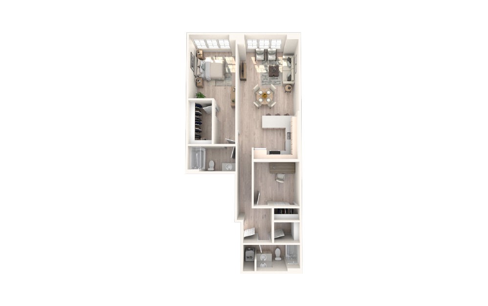 2x2 C - 2 bedroom floorplan layout with 2 baths and 1038 square feet.