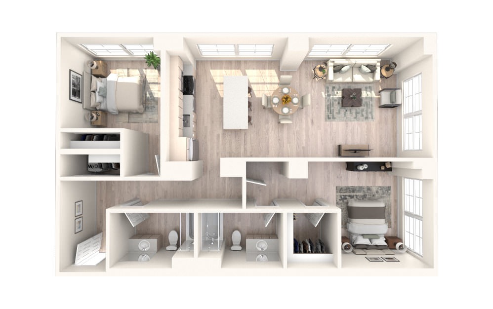 2x2 G - 2 bedroom floorplan layout with 2 baths and 1160 square feet.