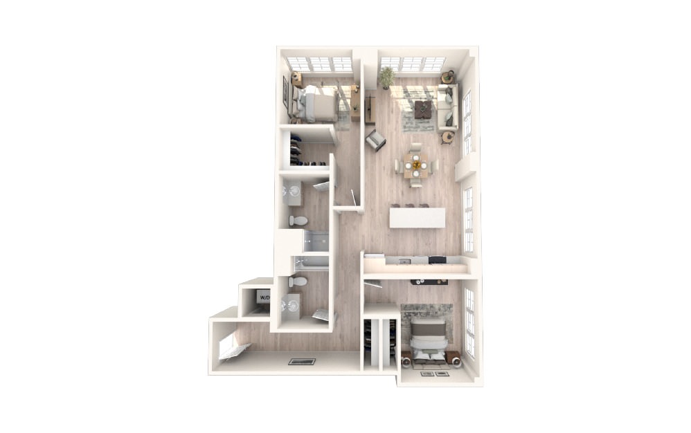2x2 H - 2 bedroom floorplan layout with 2 baths and 1196 square feet.