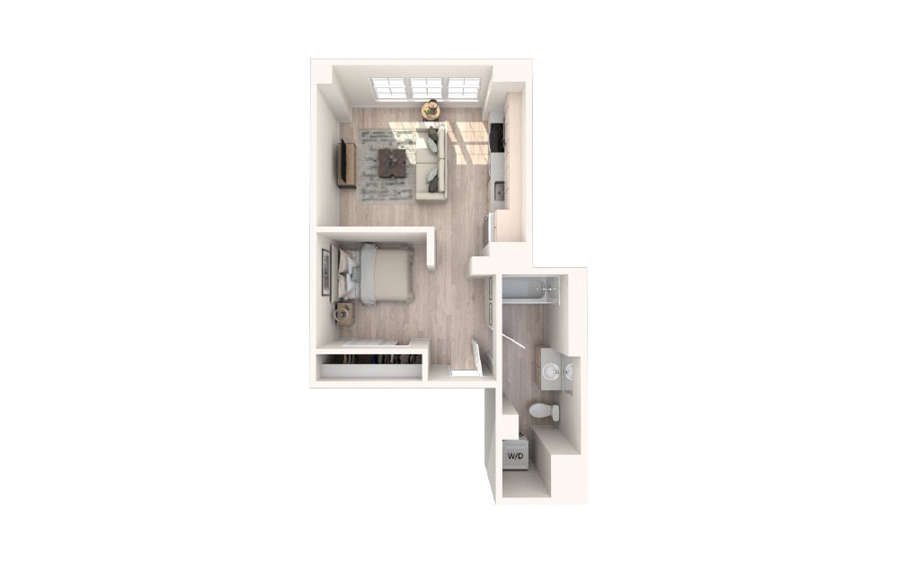 Studio B - Studio floorplan layout with 1 bath and 494 square feet.